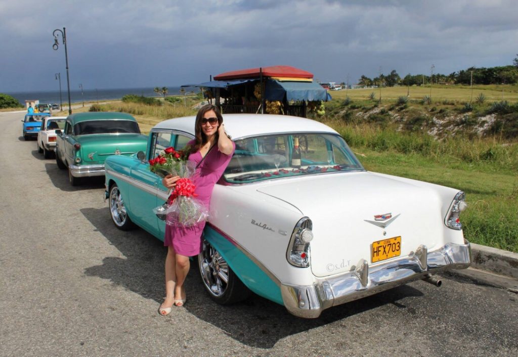 Cuba Havana vintage car antique Chevrolet flowers champagne proposal antique vintage