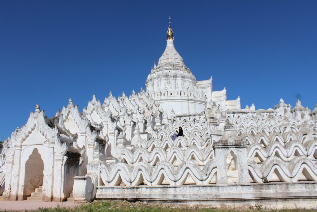 Striking white Hsinbyume Pagoda in Mingun Myanmar Burma